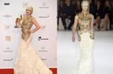 Lady Gaga穿着Alexander McQueen的长裙简直是最佳搭配。她的搞怪与出其不意正式McQueen所要表的时尚味道。金属与层搭羽毛的结合完美至极。
