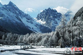 冬季的毕棚沟景区内雪峰皑皑，玉树琼枝，溪水在冰盖间上下涌动，瀑布如冰蜡高挂山崖，月牙冰川、倒沟冰川庄严肃穆，龙王海冰雪环绕、碧波荡漾。理县宣传部 供图