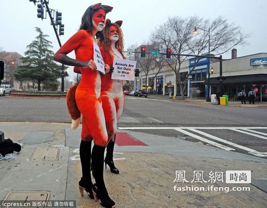 美女冬季街头扮狐狸 呼吁民众勿穿皮毛