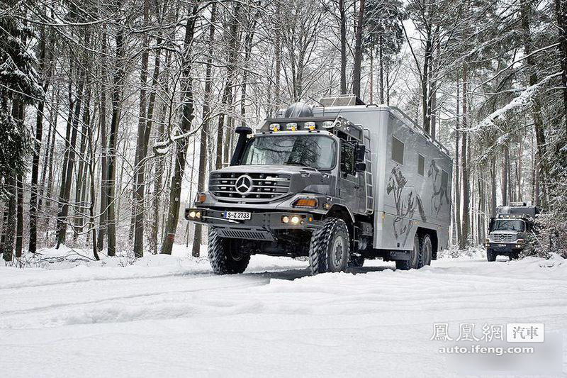 强悍的奔驰越野房车 开着房车畅游雪野