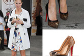 海蒂·克拉姆 (Heidi Klum)的身材略显壮硕，一款厚底跟的高跟鞋让她看起来显得高挑不少，优雅的金棕色配上红色的鞋底克里斯提·鲁布托 (Christian Louboutin)的点缀绝对为她增分不少。
