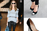  罗西·汉丁顿-惠特莉 (Rosie Huntington-Whiteley) 高挑的身材配上黑银色的双色尖头高跟鞋显得她更加高挑迷人。这款鞋子来自经典的鞋履品牌菲拉格慕 (Salvatore Ferragamo)。