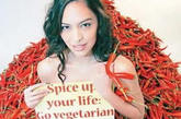 2005年8月24日，在泰国首都曼谷，菲律宾女模特伊莎贝尔·罗塞斯坐在250公斤重的红辣椒堆中，手举广告牌，宣传素食主义。 
