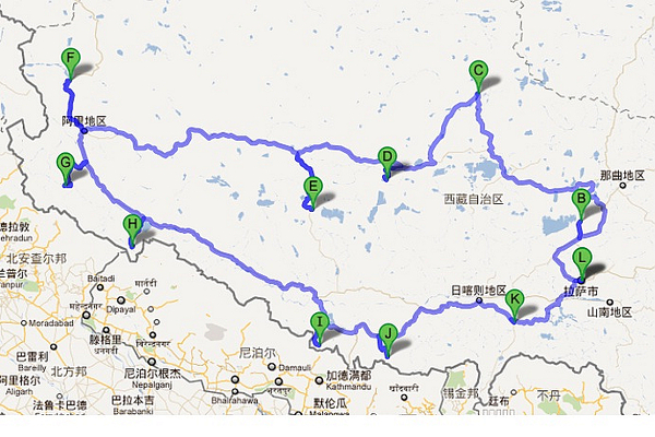 将以上的行程在一张西藏地图上连贯地描绘,就是一条完整的大北线了.图片